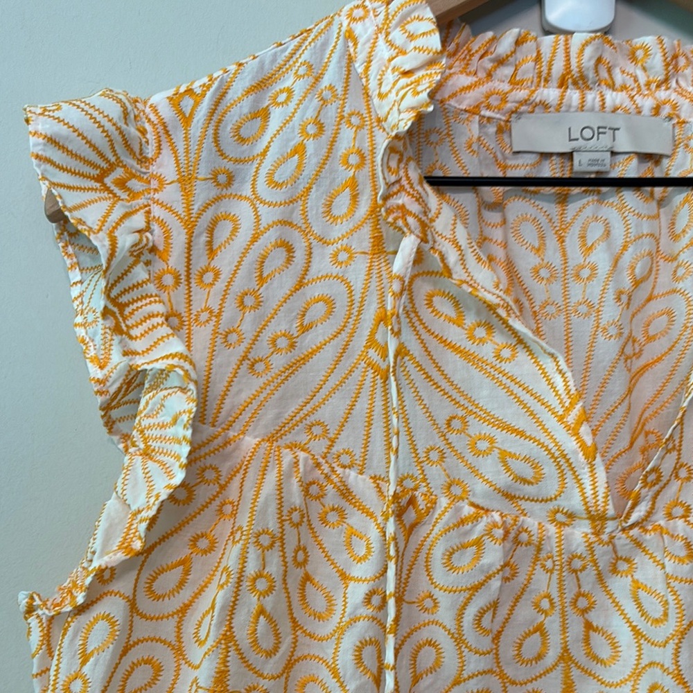 LOFT Yellow & White Printed Ruffle Sleeve Blouse - Picture 4 of 6